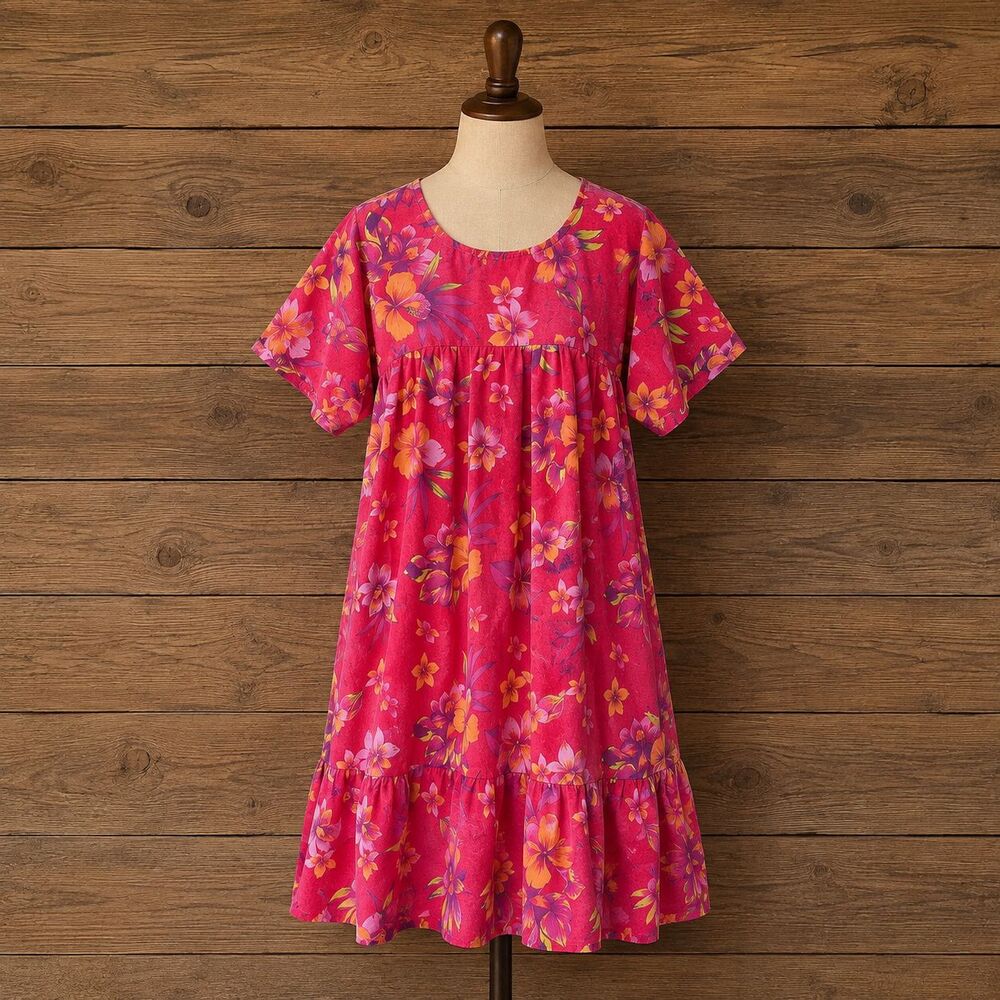 Hawaiian House Dress LARGE Fuchsia Floral Midi with Pockets  Mu-Mu CW Classics